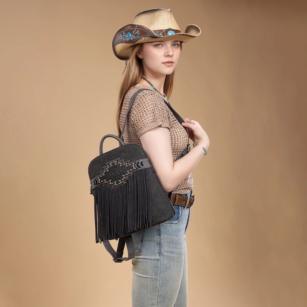 Trinity Ranch Aztec Tooled Fringe Concealed Carry Backpack Black - Picture 3 of 5